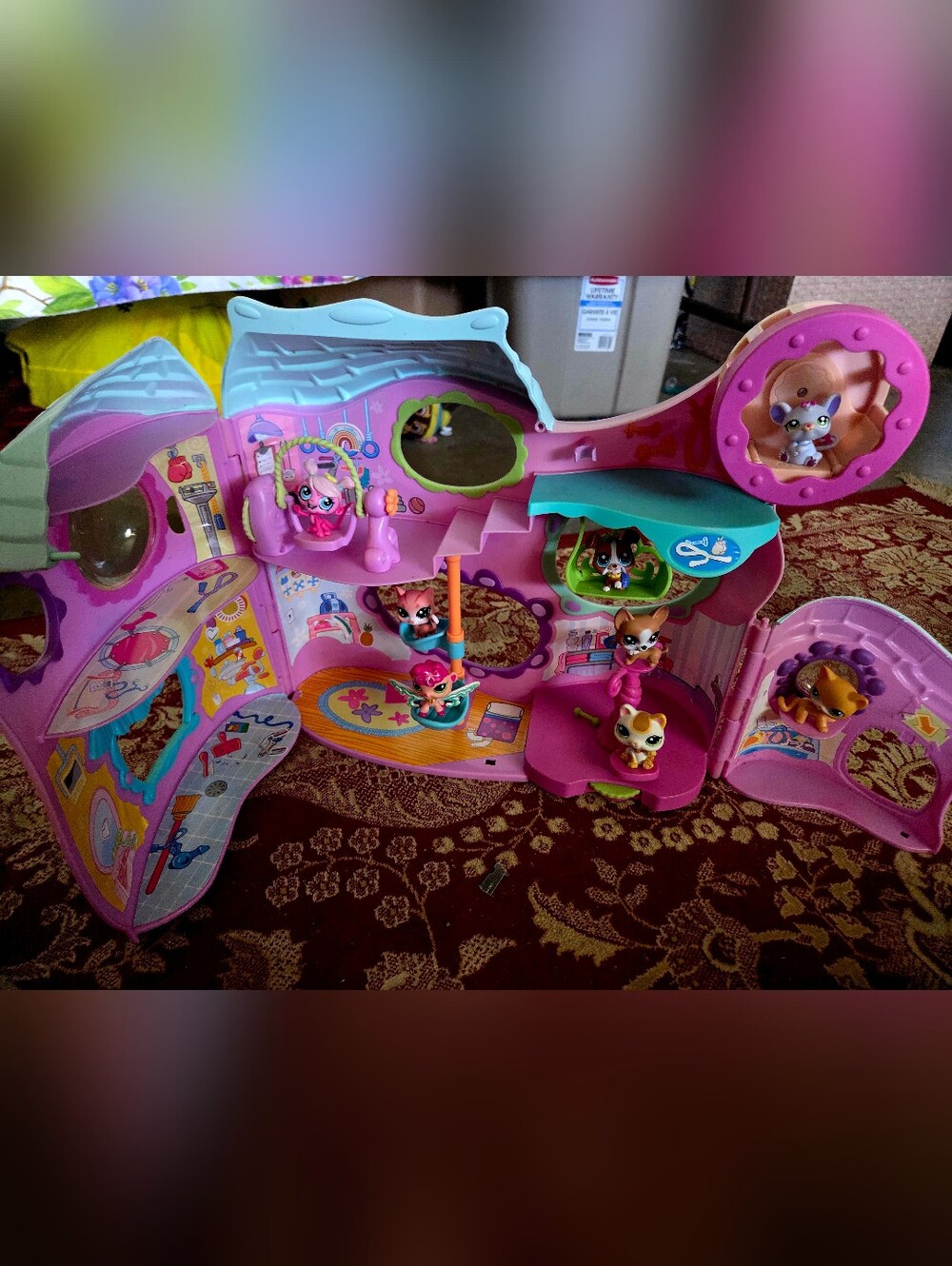 Littlest Pet Shop Pink and Teal Playhouse with Multiple Pet Figures